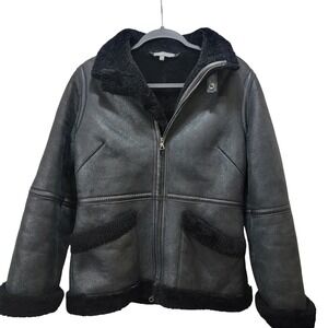 Vince Black Spanish Merino Shearling Lamb Leather Jacket Aviator Coat Womens MED